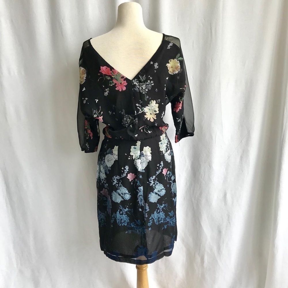 French Connection Sheer Garden Floral Midi Dress Black Mesh Size 2 Romantic Goth - Picture 6 of 11